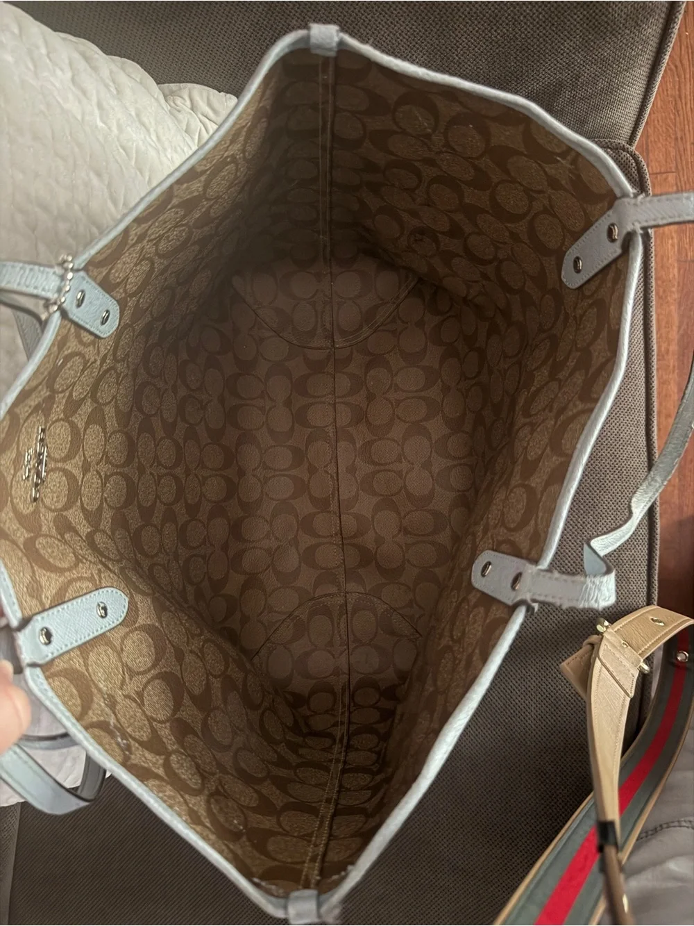 Coach Light Blue Pebbled Leather Tote with Silver Accents